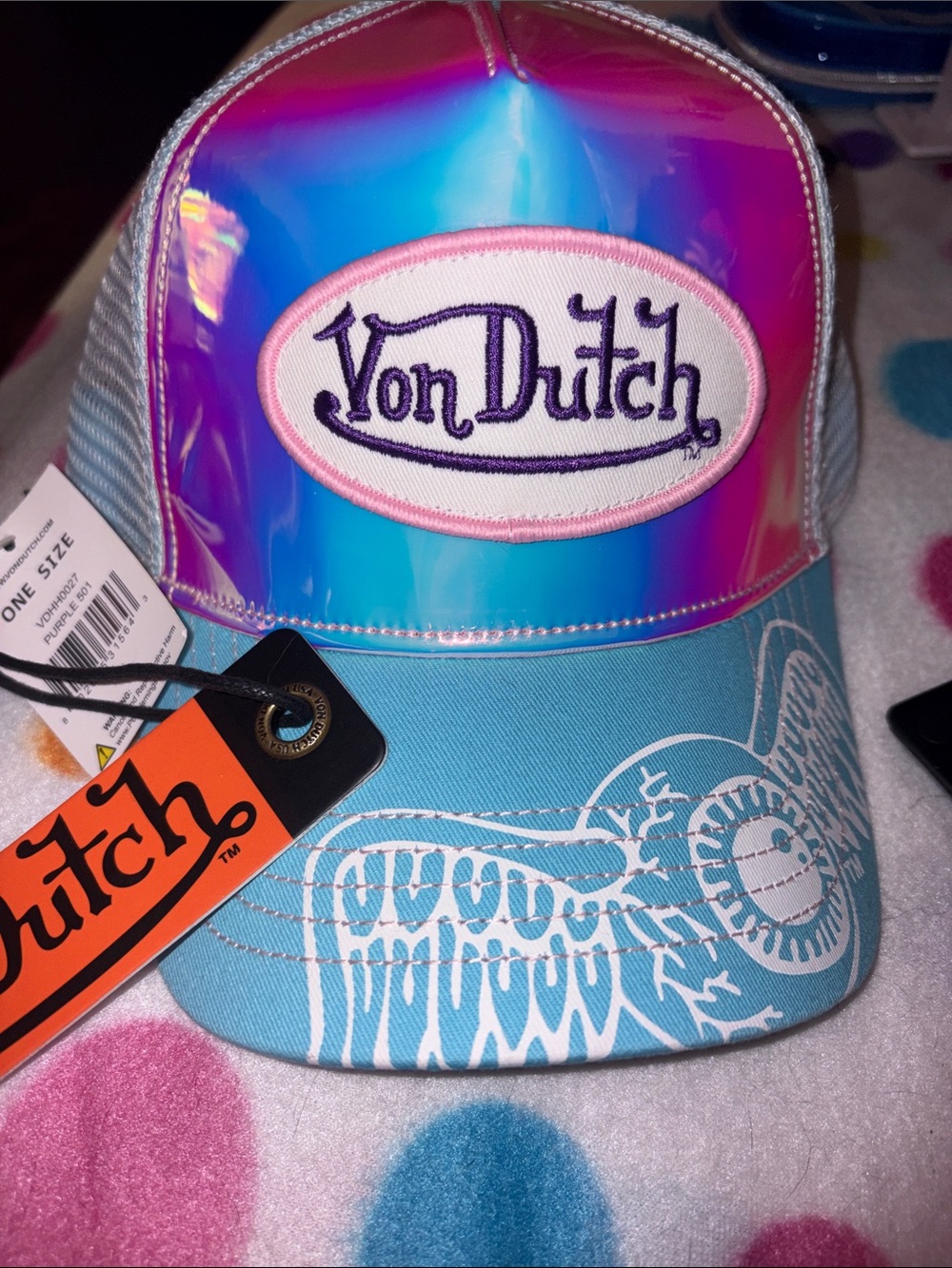Von Dutch Iridescent Pink & Blue Logo Trucker Hat